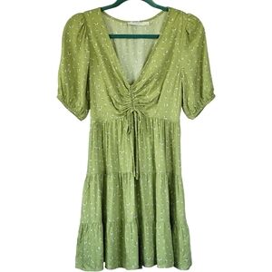 LUSH Sz S Tiered Ruffle Babydoll Mini Dress Ditsy Celery NWOT